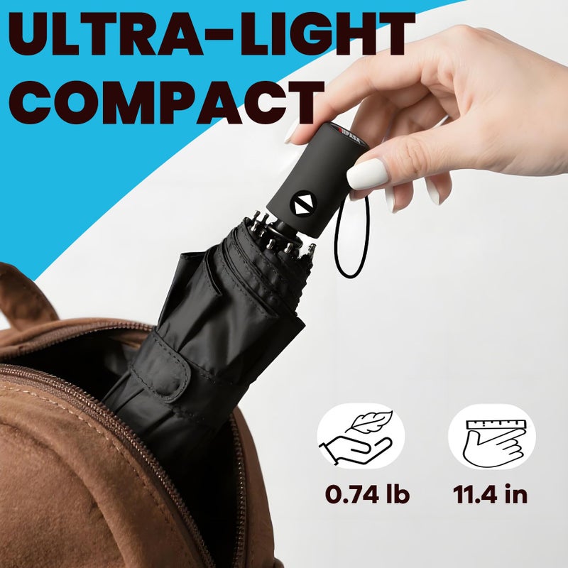 SIEPASA Compact Travel Umbrella - Windproof Auto Open/Close, Small Folding Umbrella for Rain - Lightweight & Durable with Fiberglass Frame, Waterproof Canopy - Fits Backpack, Purse, Suitcase. (Black) - Image 3
